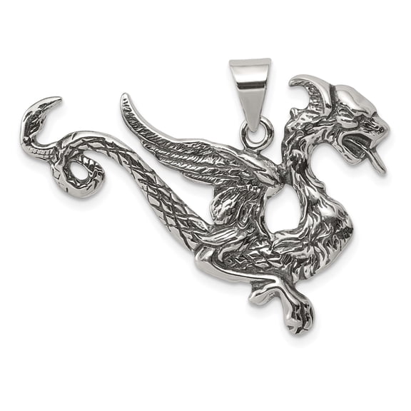 925 Sterling Silver Winged Dragon Pendant Charm, Antiqued Medieval Fantasy for Men