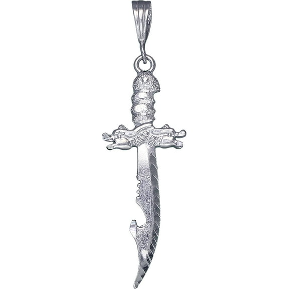 Sterling Silver Dragon Sword Charm Pendant Necklace with Diamond Cut Finish and 24 Inch Figaro Chain