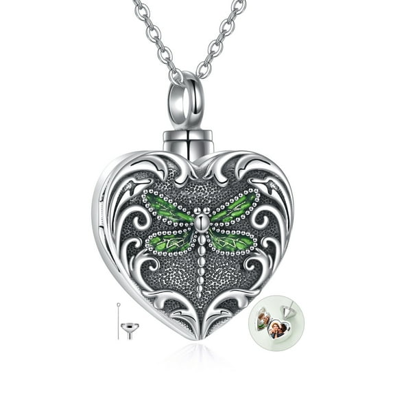 Sterling Silver Dragonfly Urn Necklace - Heart Locket That Holds Pictures - Cremation Jewelry For Ashes - Memory Jewelry For Women & Men