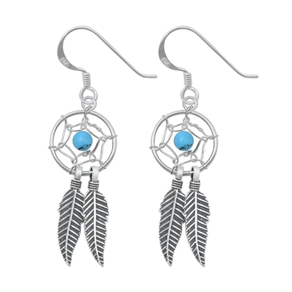 Sterling Silver Dreamcatcher Blue Hanging Feathers Hook Earrings 925 New Jewelry Female Unisex