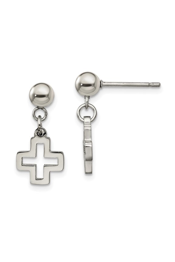 Sterling Silver Drop Earrings with Hollow Cross Charm and Polished Sphere Lightweight Minimalist Design for Women Elegant Modern Jewelry for Casual or Formal Wear Spiritual Symbol Statement
