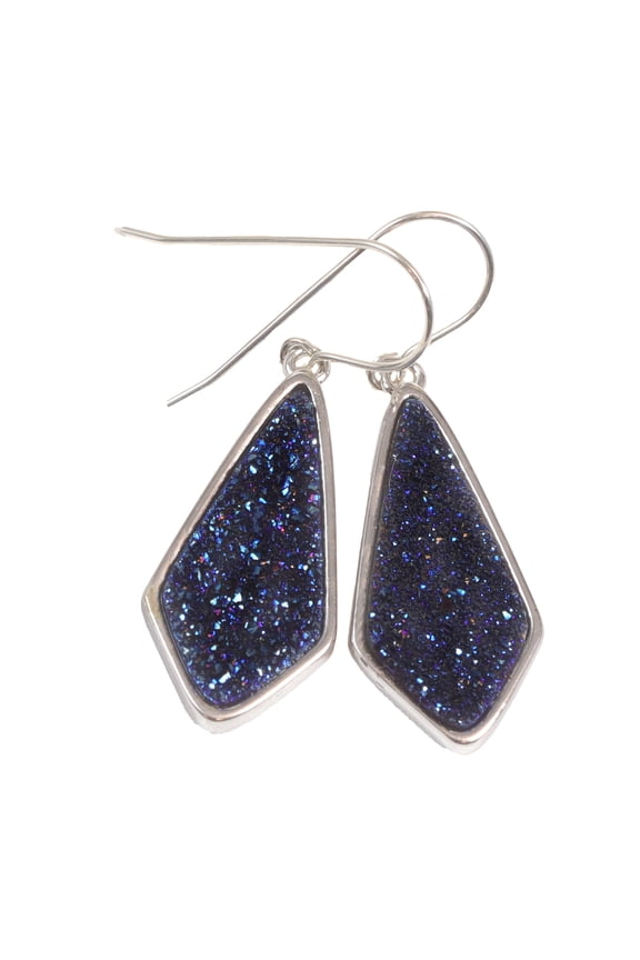 Sterling Silver Drusy Earrings Peacock Blue Druzy Large Teardrop Silvertone Bezel Set Simple Drops Designed for Adult Women