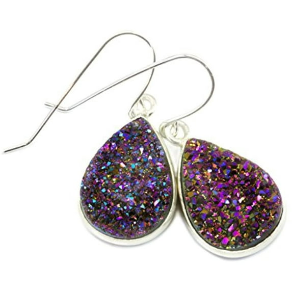 Sterling Silver Drusy Earrings Purple Druzy Large Teardrop Silvertone Bezel Set Simple Drops Designed for Adult Women