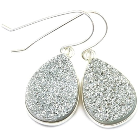 Sterling Silver Drusy Earrings Silvery Druzy Large Teardrop Silvertone Bezel Set Simple Drops Designed for Adult Women