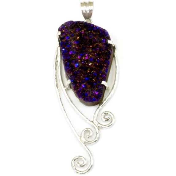 Sterling Silver Drusy Necklace Pendant Purple Pink Druzy Hammered Metal Work Designed for Adult Women