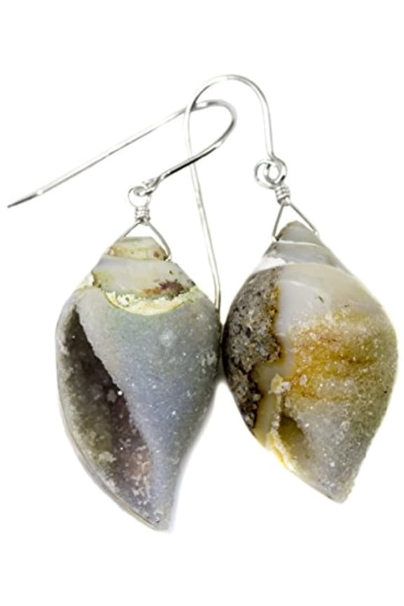 Sterling Silver Druzy Earrings Fossilized Shell Drops Fossil Drusy Crystals Designed for Adult Women