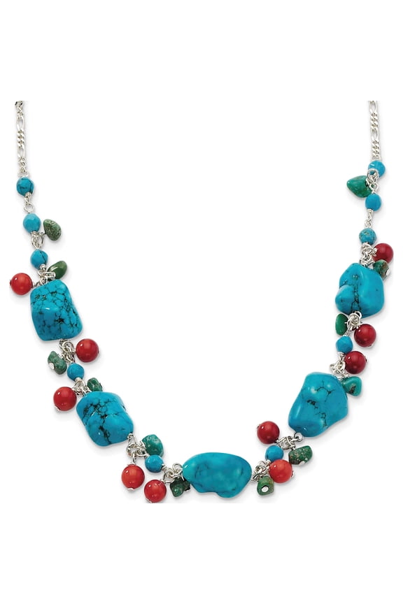Sterling Silver Dyed Howlite/Turquoise/Red Coral Necklace Made In Thailand qh2313-16
