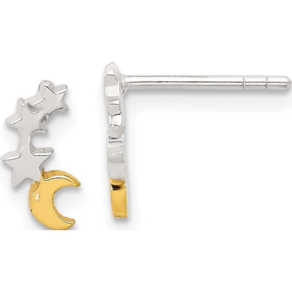 Sterling Silver E-Coat And Gold-Tone Star Moon Post Earrings (Width 4.7) (Length 10) - Jbsp