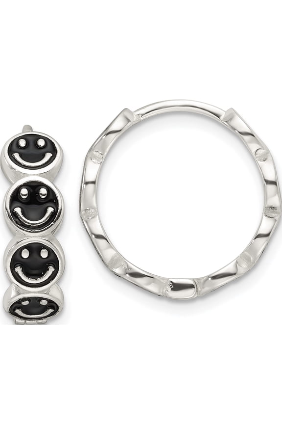 Sterling Silver E-Coat Black Enamel Smiley Face Hinged Hoop Earrings (Width 5.25) (Length 17.1) - Jbsp