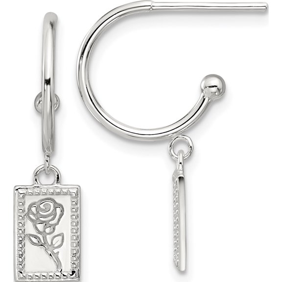 Sterling Silver E-Coated Rose Dangle Post Hoop Earrings (Width 6.3) (Length 25.6) - Jbsp
