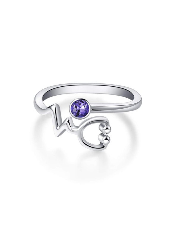 Sterling Silver EKG Heartbeat Stethoscope Ring with Simulated Amethyst Crystal from Austria, Doctor Nurse Gifts Medical Jewelry for Women, RN Gifts for Nurse Medical Workers Retirement(Purple)