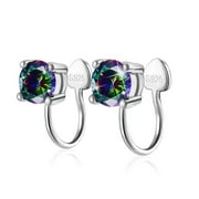 EVELYNI Sterling Silver Ear Cuffs for Women Non Piercing 14K White Gold Plated Clip On Earrings Rainbow Round Cubic Zirconia Cartilage Earring Birthday Gifts for Women Men Girls