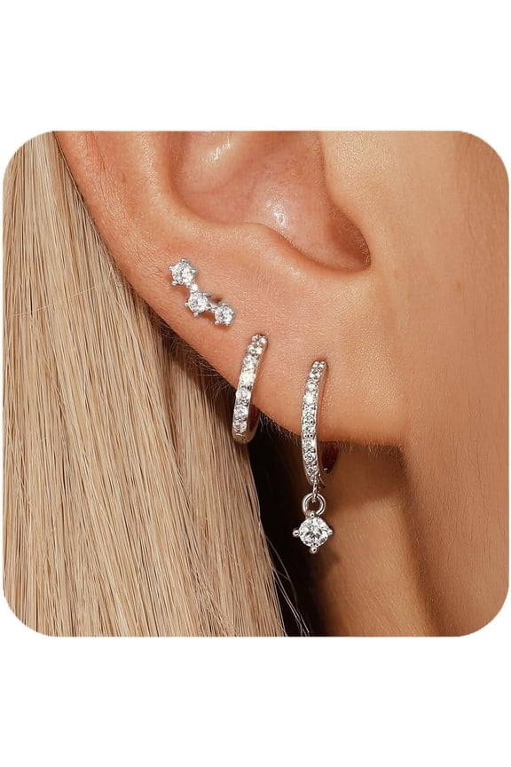 Sterling Silver Earrings Set For Women, Hypoallergenic S925 Small Earring Stacks For Women, Dainty Cz Huggie Stud Earrings For Women With Sensitive Ears, Trendy Earrings For Women 2024[Z4405]