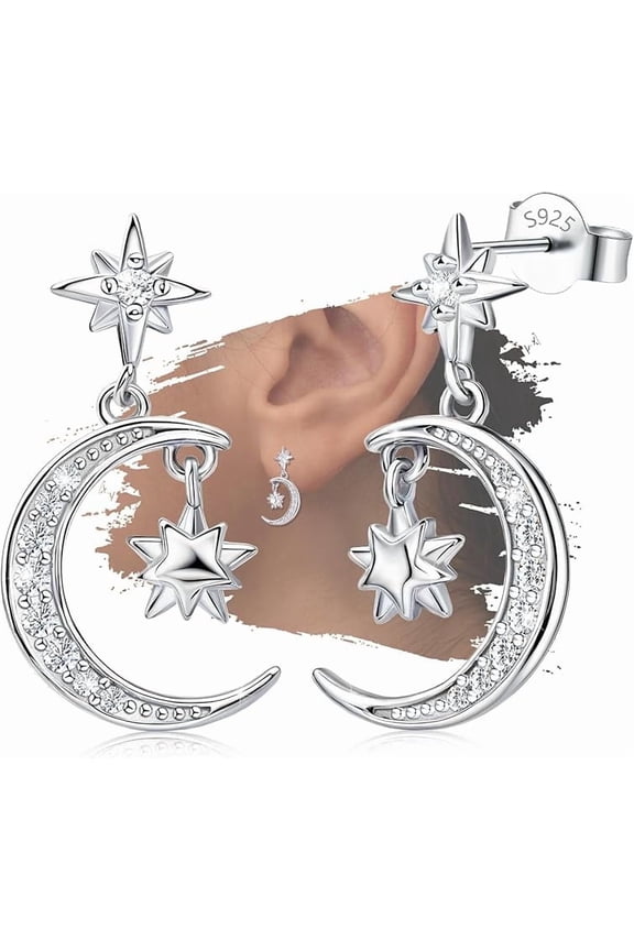 Sterling Silver Earrings for Women Dangle Hoop Charms Hypoallergenic Fashion Jewelry Dainty CZ Star Moon Birthday Gift