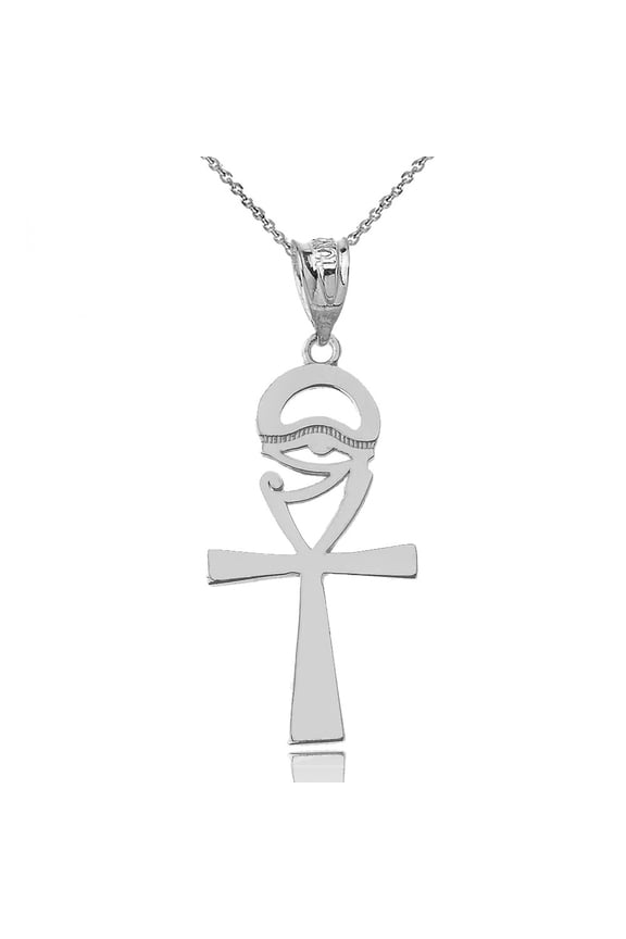 Sterling Silver Egyptian Ankh Cross Eye of Horus Wedjet Pendant Necklace, 18"
