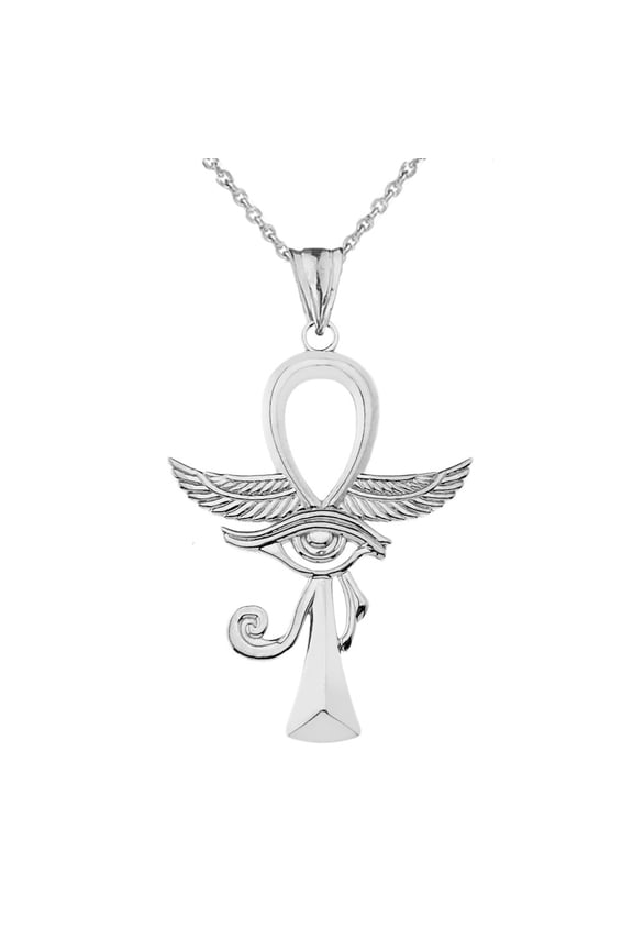 Sterling Silver Egyptian Winged Ankh Cross Eye of Horus Pendant Necklace, 16"