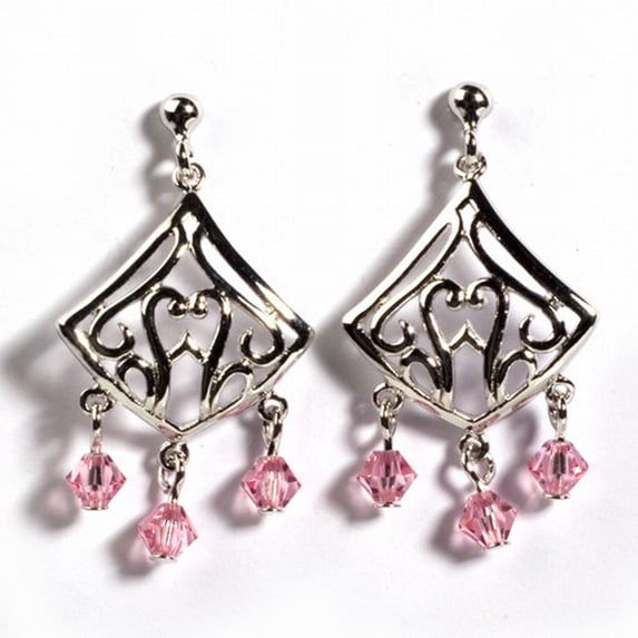Sterling Silver Elegant Chandelier Filigree Swirl Ornate Earrings Pink CZ 925 Jewelry Female