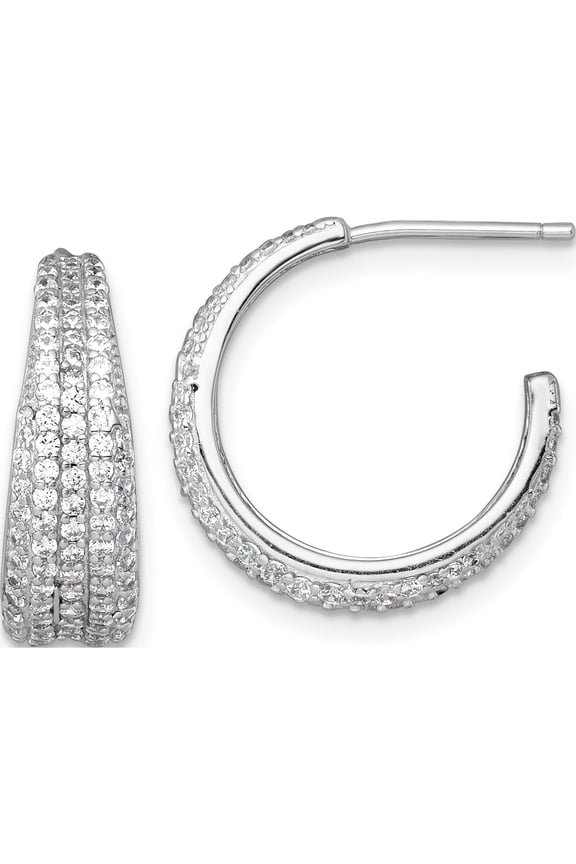 Sterling Silver Rhodium-plated Polished and Tapered Pave CZ C-Hoop Post Earrings
