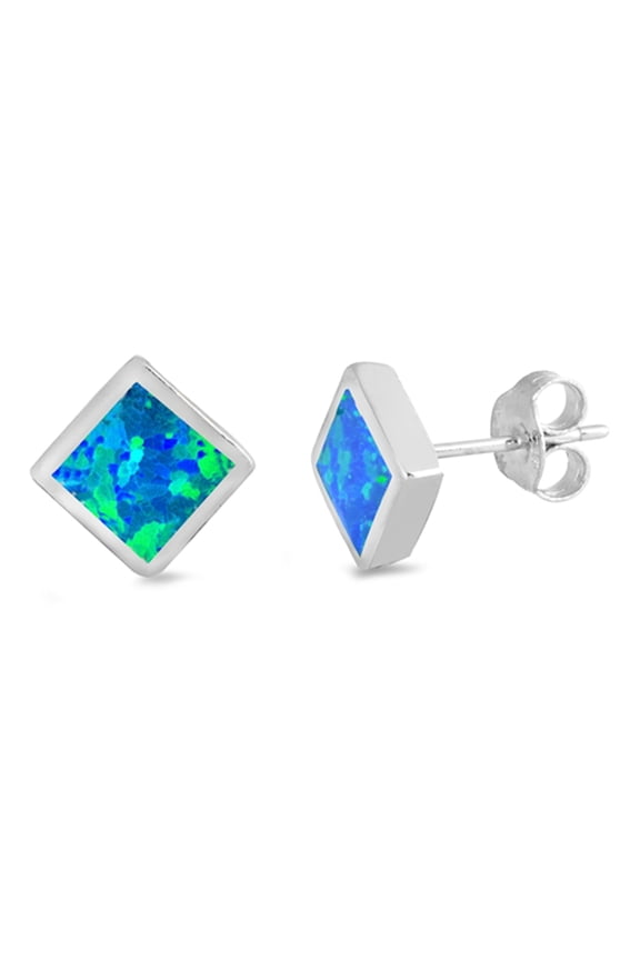 Sterling Silver Elegant Square Earrings Blue Simulated Opal 925 Jewelry Female Unisex