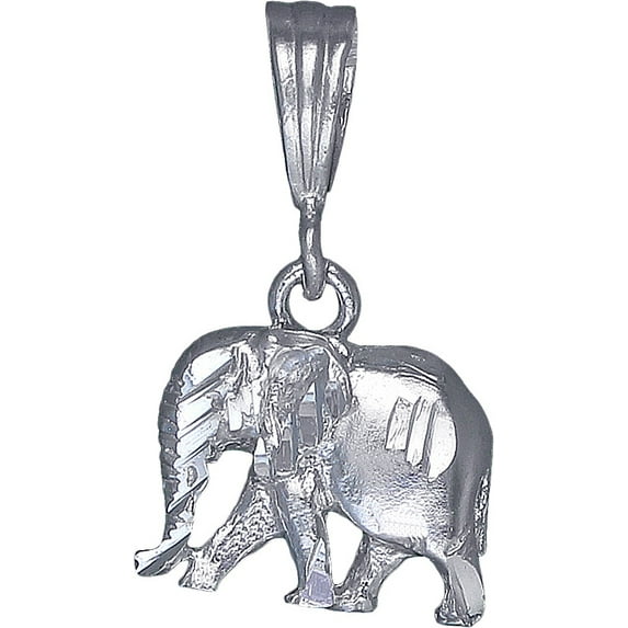 Sterling Silver Elephant Charm Pendant Necklace with Diamond Cut Finish and 18 Inch Rolo Chain