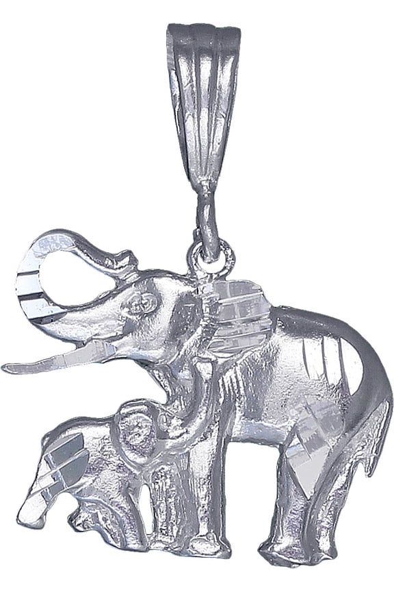 Sterling Silver Elephant Charm Pendant Necklace with Diamond Cut Finish and 18 Inch Rolo Chain