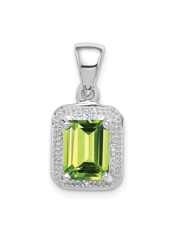 Sterling Silver Emerald Cut Green Gemstone Pendant Necklace for Women with Textured Halo, Modern Minimalist Rectangular Charm, Elegant Fashion Jewelry