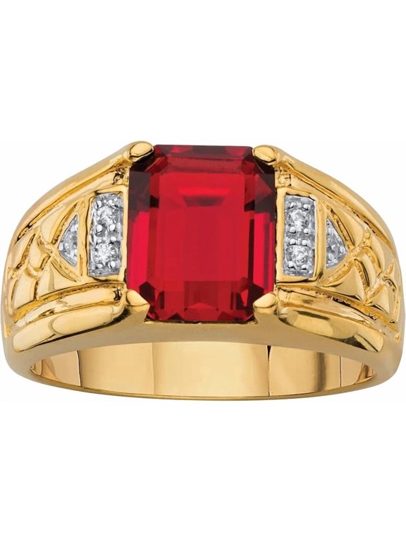 Sterling Silver Emerald-Cut Red Ruby CZ Ring for Men, Gold Plated 925 Wide Band -4.5