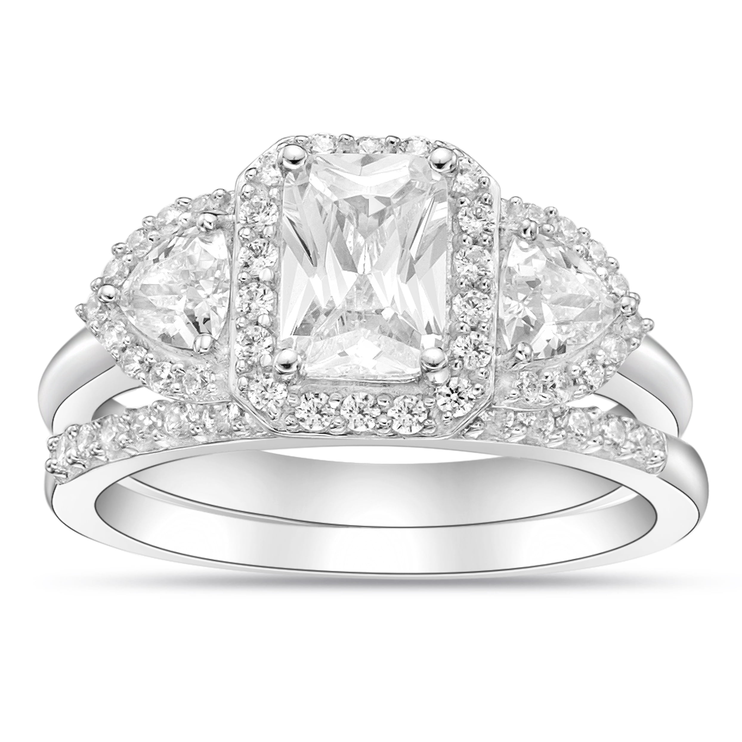 Sterling Silver Emerald Cut Simulated Diamond Bridal Set Rings