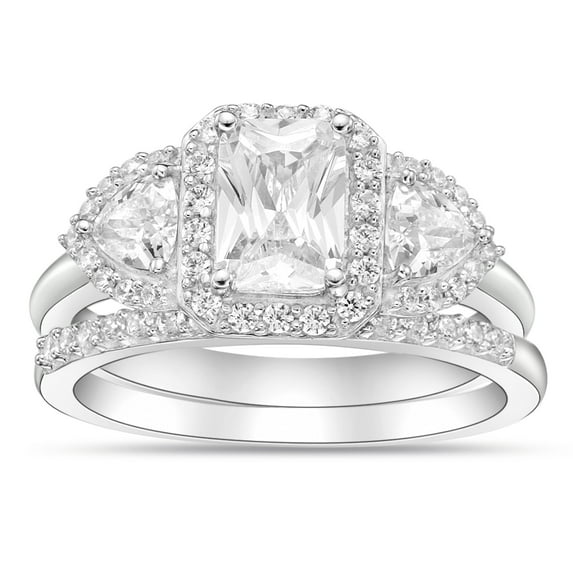 Sterling Silver Emerald Cut Simulated Diamond Bridal Set Rings