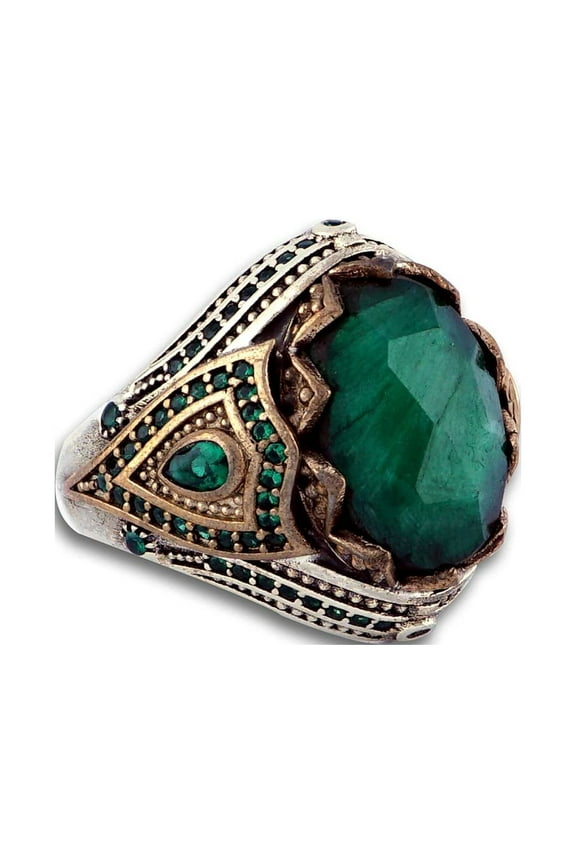 Sterling Silver Emerald Ring, Mens Green Emerald Ring, Handmade Gemstone Ring, Vintage Style Emerald Ring, Men Silver Ring, Gift for Husband