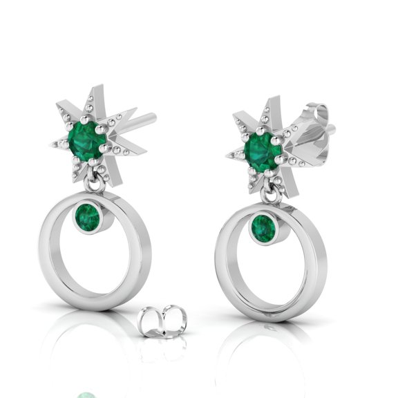 Sterling Silver Emerald Star Open Circle Drop Earrings || Birthday Gift Earring, Gift for Her Earring || Silver Diary
