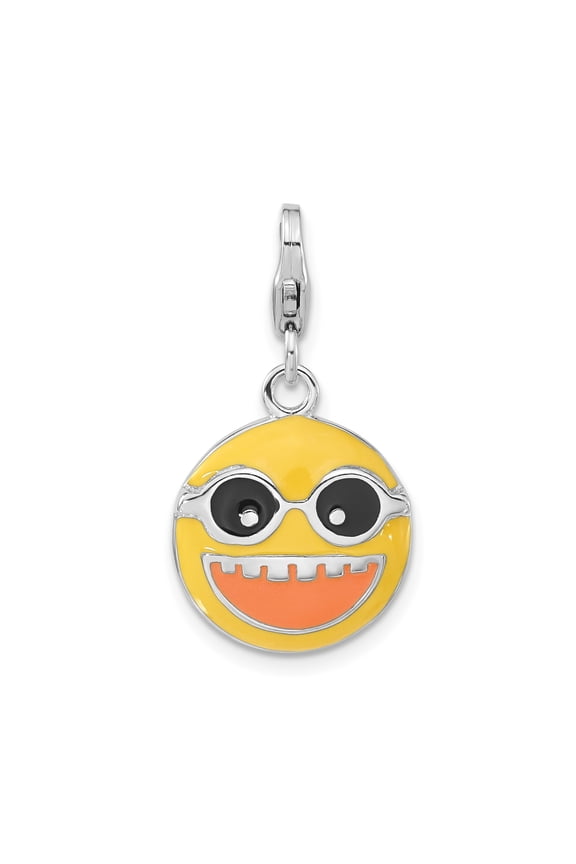 Sterling Silver Emoji Charm with Smiling Face and Sunglasses, Colorful Enamel Pendant for Necklace or Bracelet, Fun Jewelry for Women or Unisex Teen, Playful Fashion Accessory with Lobster Clasp