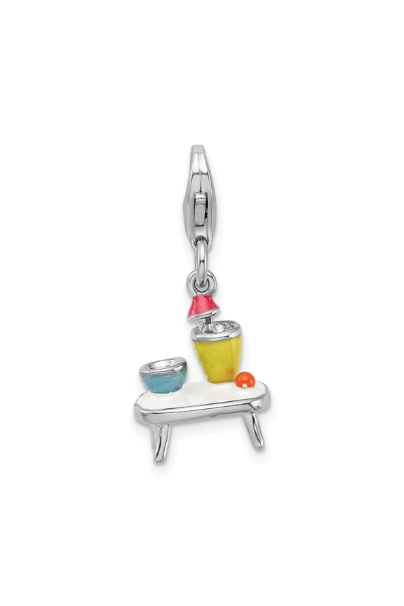 Sterling Silver Enamel Charm Pendant with Retro Table Lamp Vase Bowl Accents, Colorful Midcentury Jewelry for Women or Unisex, Funky Playful Symbolic Style for Bracelet or Necklace