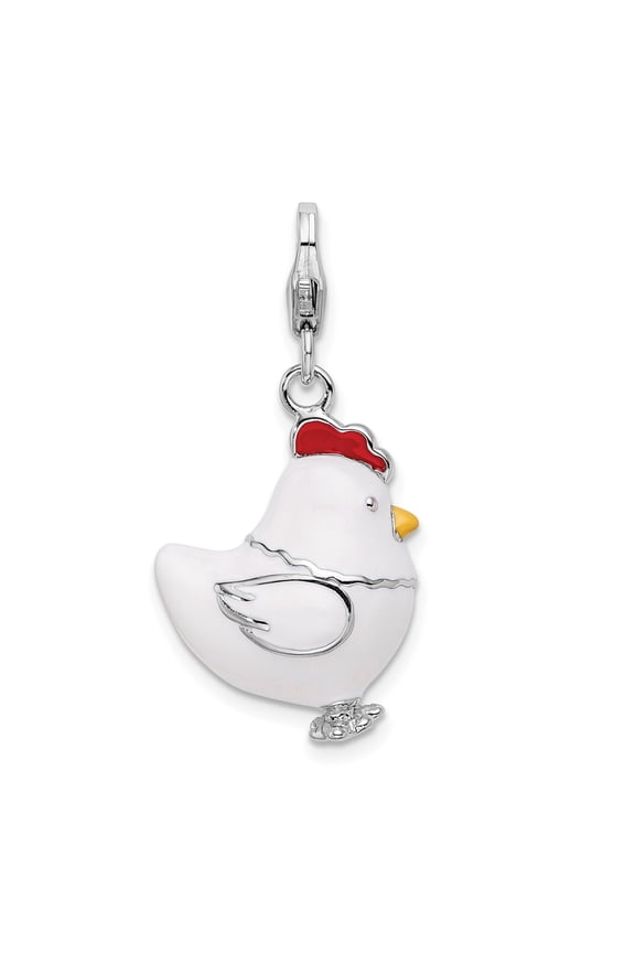 Sterling Silver Enamel Chicken Charm Pendant for Women, White Hen with Red Comb, Farm Animal Jewelry for Bracelet or Necklace, Whimsical Country Style Symbol of Home and Simplicity