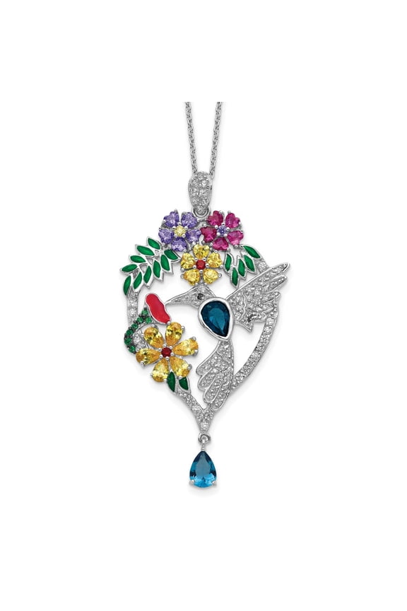 Sterling Silver Enamel Cubic Zirconia Lab created Dk Blue Spinel & Glass Sim.Stones Necklace