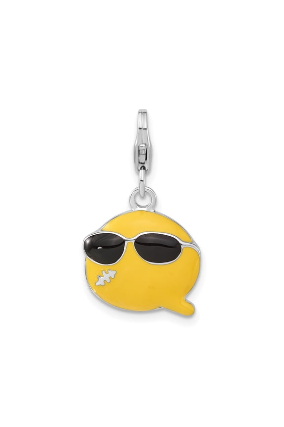 Sterling Silver Enamel Emoji Charm with Smiley Face and Sunglasses, Unisex Speech Bubble Pendant for Bracelet or Necklace, Trendy Casual Jewelry for Teens and Emoji Fans