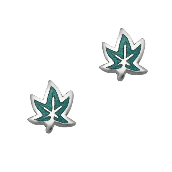 Sterling Silver Enamel Maple Leaf Stud Post Earrings, Aqua