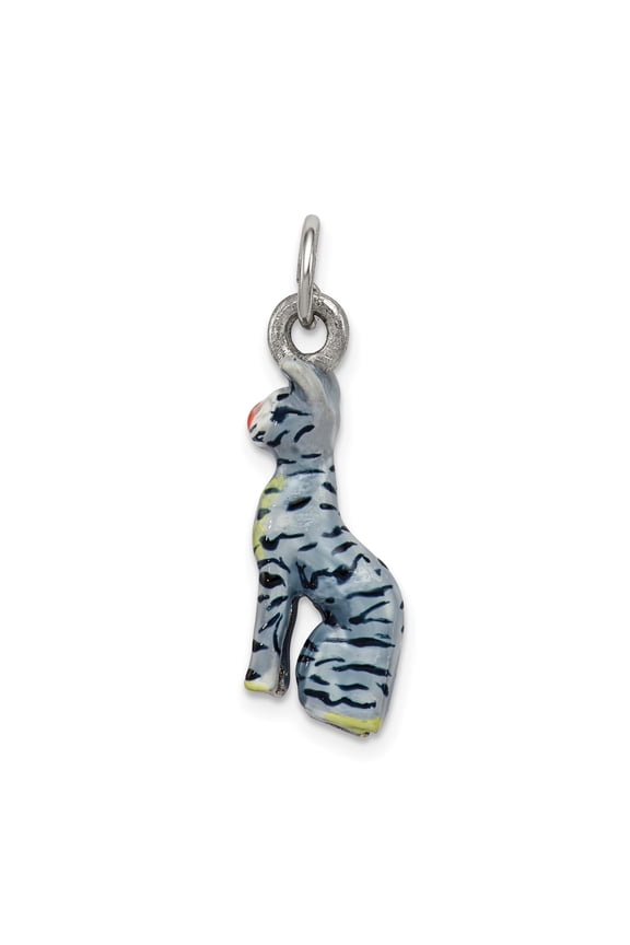 Sterling Silver Enamel Tiger Cat Pendant for Women or Unisex, Hand-Painted Animal Charm with Blue Black Yellow Accents for Necklace or Bracelet, Symbol of Independence and Curiosity