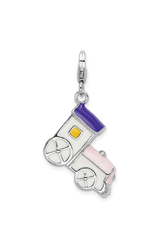 Sterling Silver Enamel Train Charm Pendant for Women, Colorful Pink Purple Yellow Engine Accessory for Bracelet or Necklace, Whimsical Railroad Jewelry with Lobster Clasp