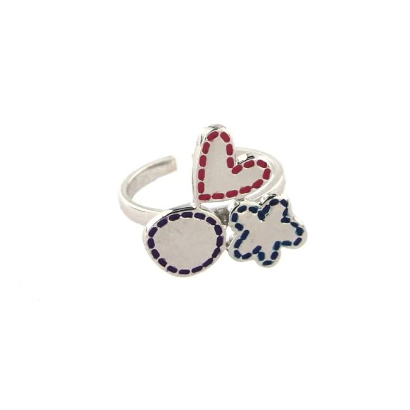 Sterling Silver Enamel dots Heart Flower and circle Polished open adjustable Ring