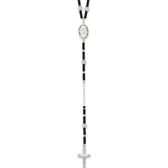 Sterling Silver Enameled & Black Glass Bead Rosary 24 Inch Necklace Made In India qh4997-24
