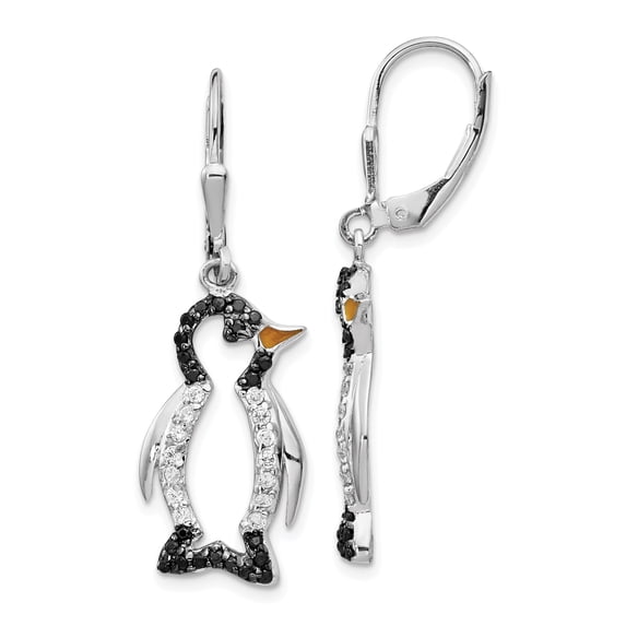 Sterling Silver Enameled Black & White Cubic Zirconia Penguin Leverback Earrings
