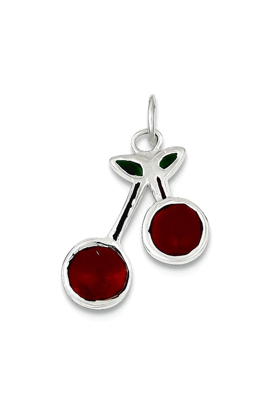 925 Sterling Silver Solid Polished Enameled Cherries Charm 18x5mm Wide Pendant Necklace for Women