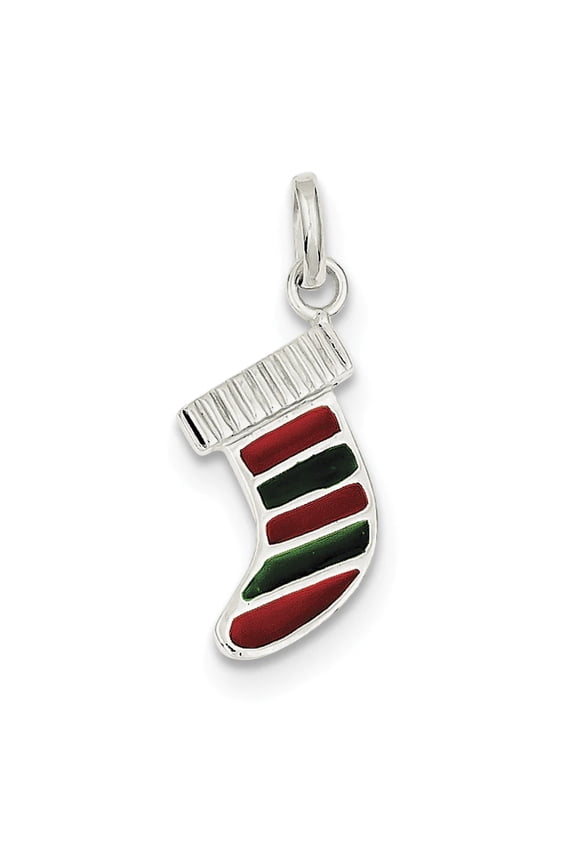 925 Sterling Silver Solid Polished back Enameled Christmas Stocking Charm 30x10mm Wide Pendant Necklace for Women