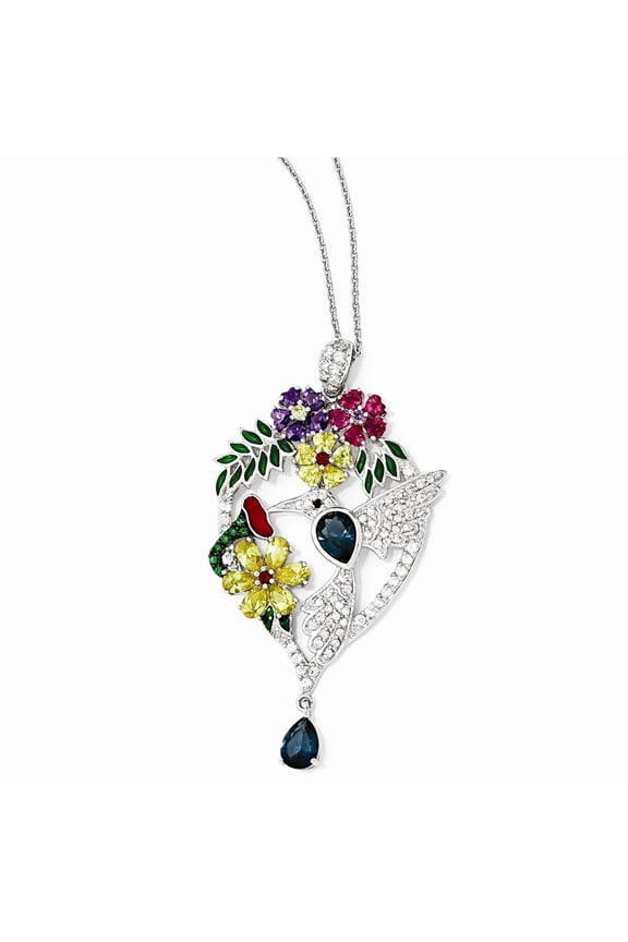 Sterling Silver Enameled Cubic Zirconia and Sim. Gemstones Humming Bird Necklace - 18 Inch