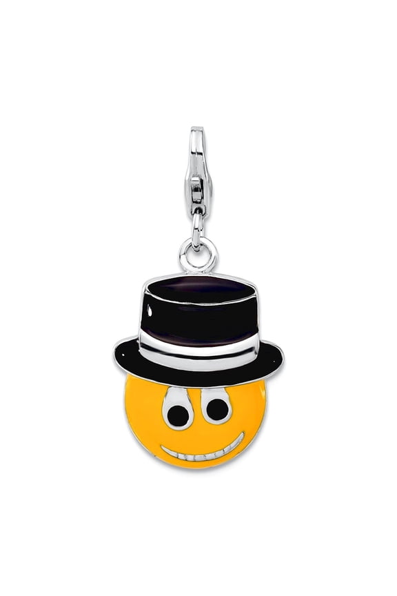 Amore La Vita Sterling Silver Enameled Smiley Face w/Top Hat w/Lobster Clasp Charm
