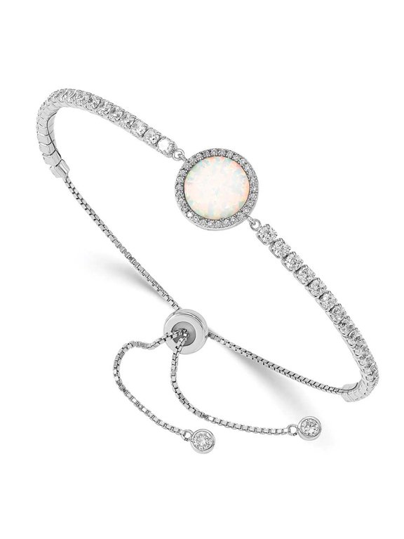 Sterling Silver Rhodium-plated Created Opal and CZ Adjustable Bracelet