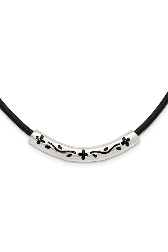 Sterling Silver Enameled & Satin Floral Bar on Black Rubber Cord Necklace