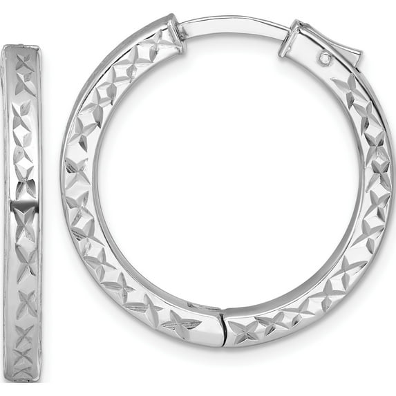 Sterling Silver Enchanting, Unique, Elegant 27.6 Mm 27.7 Tone Rhodium-Plated Polished Diamond-Cut 3X28Mm With Safety Lock Hinged Square Tube Hoop Earrings