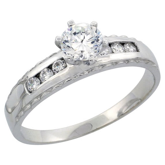 Sterling Silver Engagement Ring CZ Stones Rhodium Finish, 3/16 in. 5 mm, Size 8